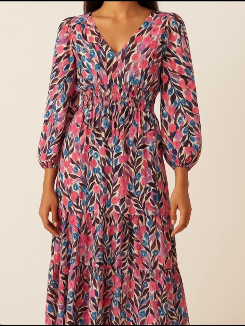RAGA Colorful Leaf Tiered Maxi Dress Large Balloon Sleeve Elastic Waist